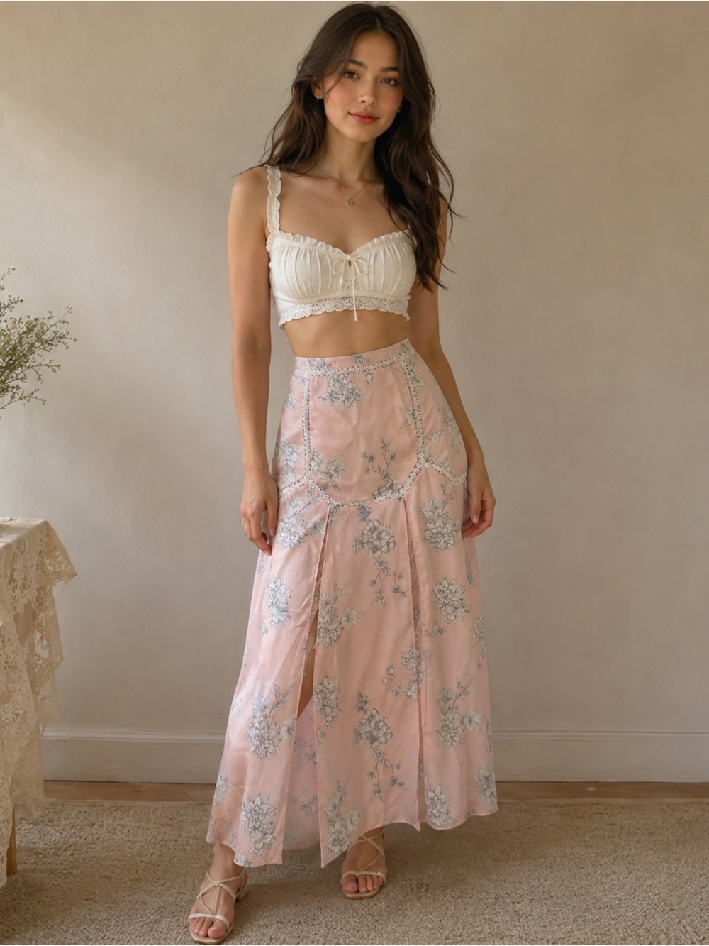 Sabo Skirt Light Pink Floral Sheer Panel Spring Beach Skirt Crochet Flowers - XS